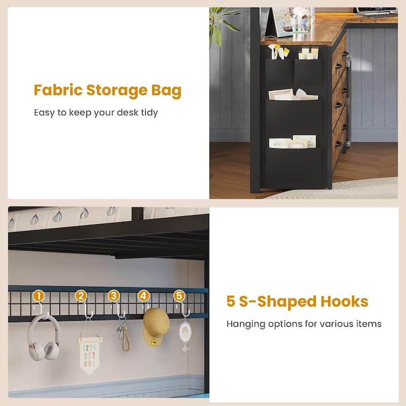 Loft Bed with Full Size U-Shaped Desk 6 Drawers Power Outlet 2 Storage Shelves