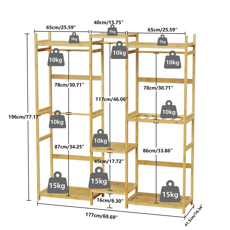 Large Bamboo Clothing Garment Rack Multi-tiered Wardrobe
