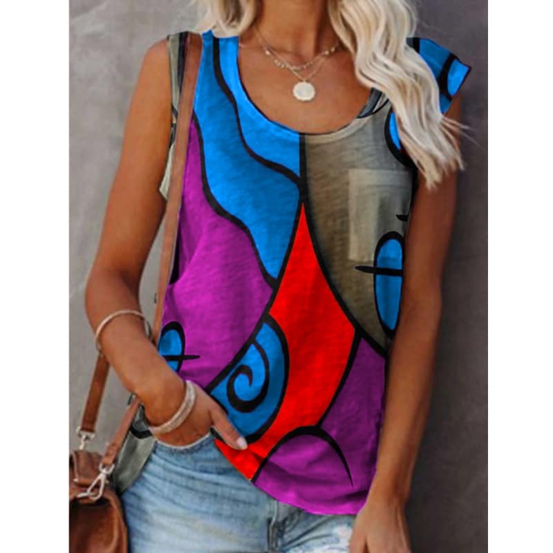New Women's Casual Plus Size Sleeveless Color Matching T-Shirt