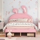preview thumbnail 12 of 19, Full Size Upholstered Leather Platform Bed with Rabbit Ornament & 4 Drawers, Low to Ground Full Bed Frame with Slats Support