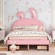 preview thumbnail 2 of 9, Full Upholstered Leather Platform Bed with Rabbit Ornament & 4 Drawers, Low to Ground Full Bed Frame with Slats Support, Pink