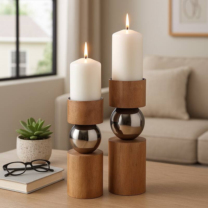 Candle Holders Set of 2 - Tan Wood Iron Sphere, 11/13" - 13.0"