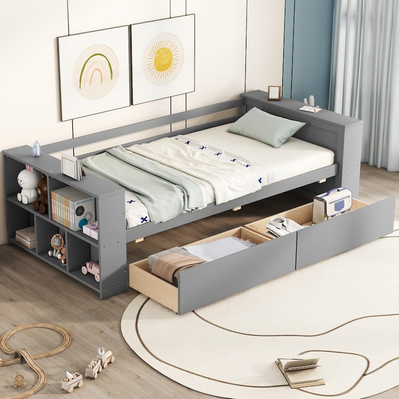 Gray Twin Daybed with Storage Shelves & Drawers