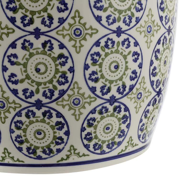 Chiara 17.25" Suzani Ceramic Garden Stool, Blue/Green, by JONATHAN Y