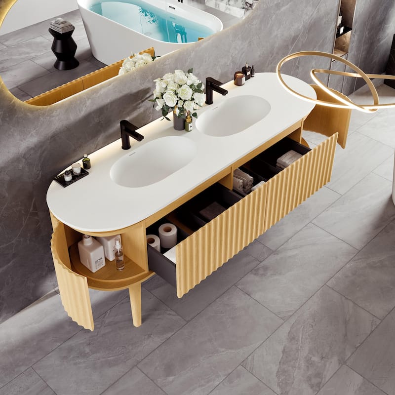 Haven 71"W DS Oak Freestanding Bath vanity with Integrated Sinks