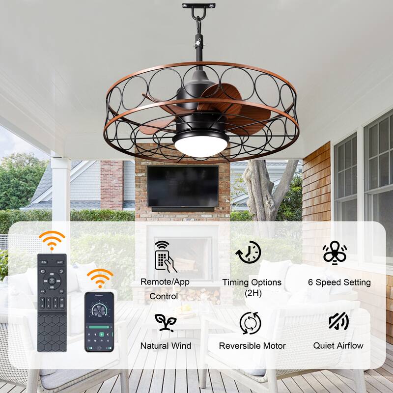 Bella Depot 23" Outdoor Ceiling Fan with LED Light and Remote 6-speed Indoor Ceiling Fan for Bathrroom Corridor Patio - 23.6"
