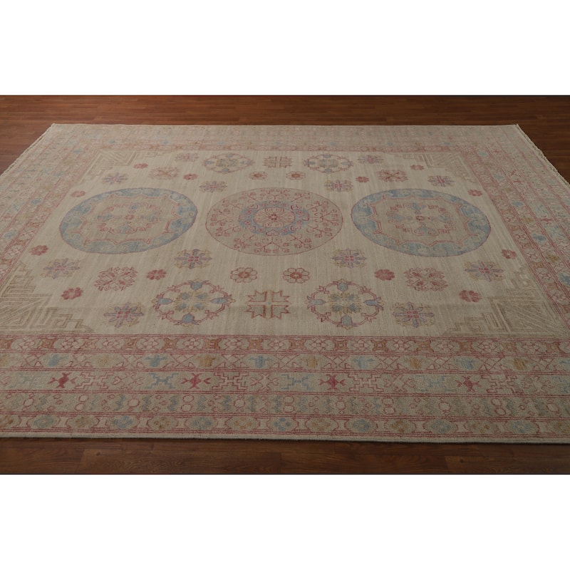 Hand Knotted Oriental 100% Wool Carpet Transitional All-Over Beige & Ivories Oushak Area Rug - 9' 9'' X 8' 1''