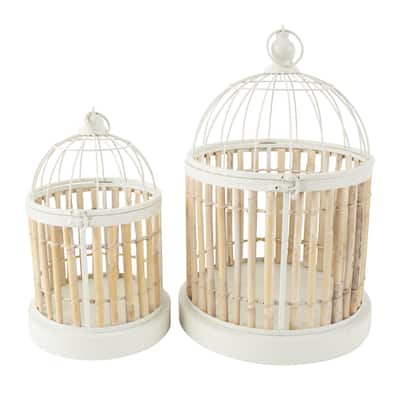 Bamboo Wood Handmade Birdcage with White Metal Accents - Set of 2 Brown - Roche River Decor