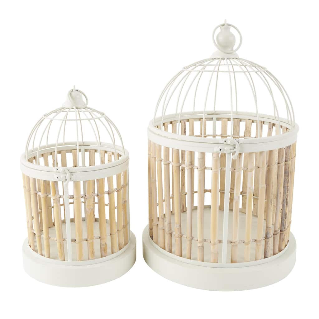 Bamboo Wood Handmade Birdcage with White Metal Accents - Set of 2 Brown - Roche River Decor