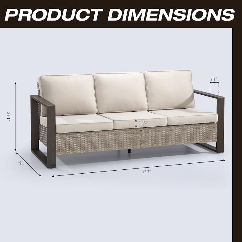 Cozywor Wicker Outdoor Patio Sofa Steel Frame with Beige Cushions