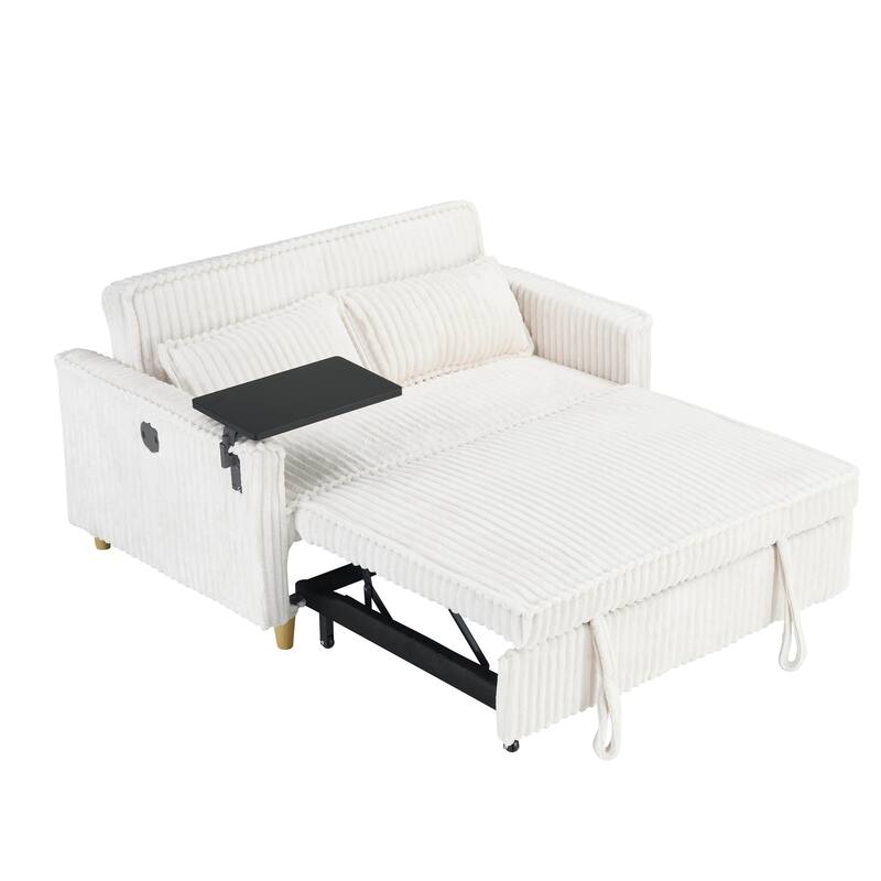 Beige Corduroy Pull-out and Push-in Sofa with Movable Tabletop and USB Ports