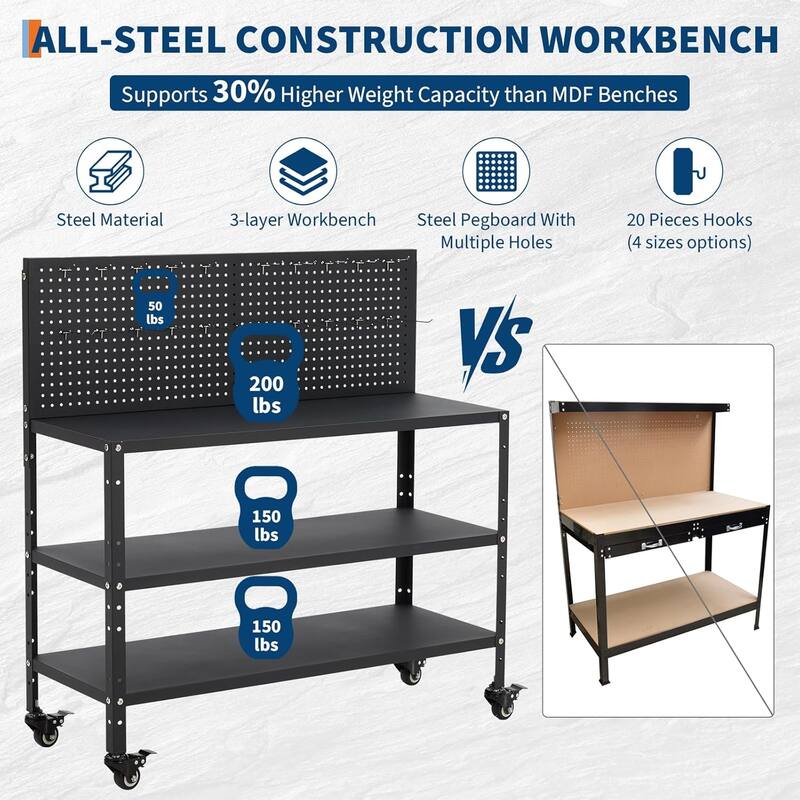 32" Adjustable Heavy Duty Garage Workbench with Pegboard, Tool Holders