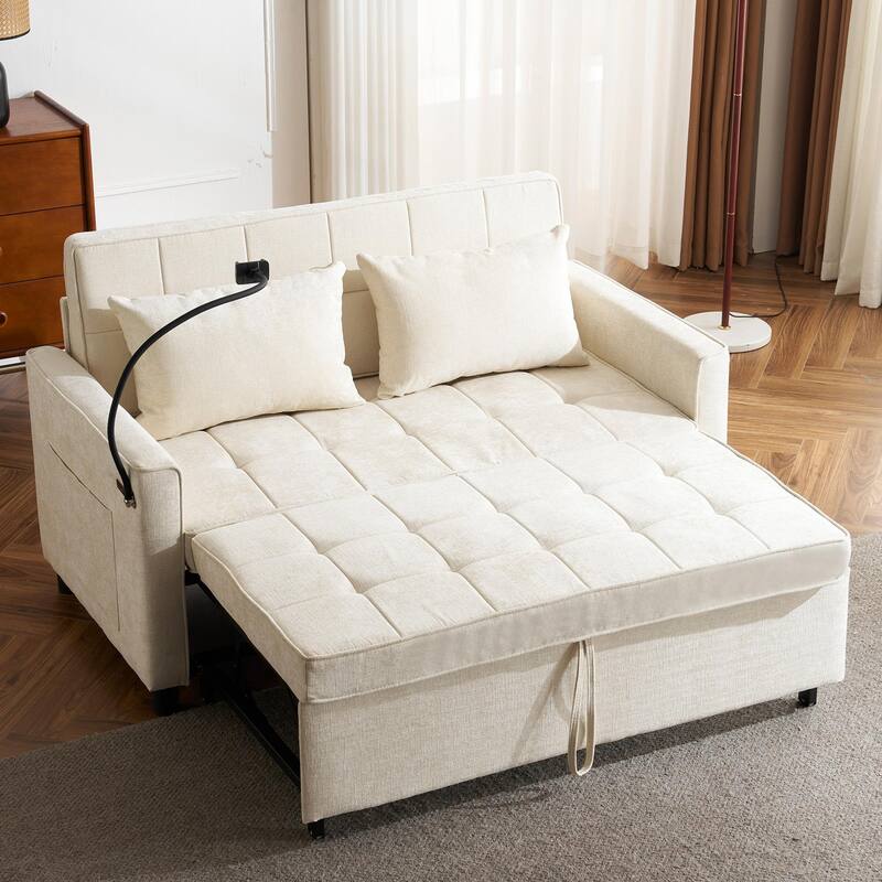 Loveseat Convertible Pull-out Sleeper Sofa Bed, with Reversible Backrest Cushion 2 USB Ports and Pockets Sleeper Couch