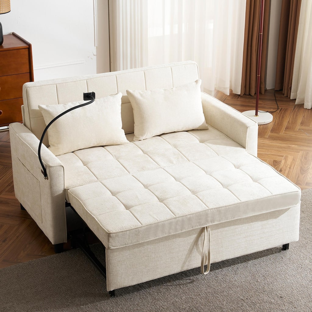 Roomfitters Loveseat Pull-Out Sofa Bed with Reversible Backrest Cushion, Side Pockets, USB Ports, and Phone Holder