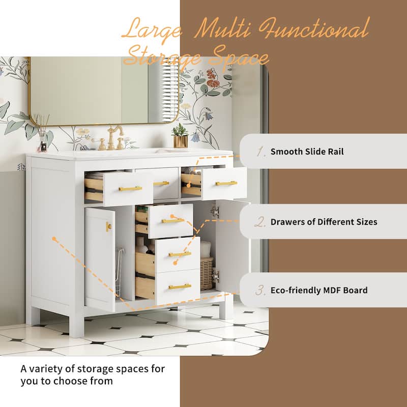 Roomfitters 36" Vanity with Ceramic Sink, Solid Wood Freestanding Cabinet with 4 Drawers and 2 Doors, Storage Unit for Bathroom