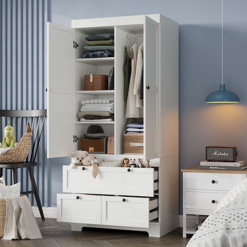 Gyomojoy Large White Wardrobe Closet with Drawers & Doors, Modular Armoire with Hanging Rods, Apartment & Dorm Storage
