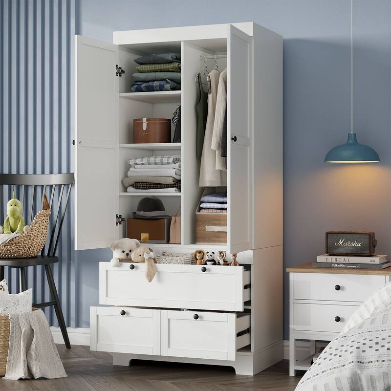 Meyreso White Modular Wardrobe Closet with Drawers, Convertible Stacking Armoire - N/A - 2 Doors + 3 Drawers