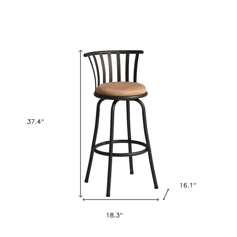 HomeRoots Set of Two 29" Brown and Black Microfiber and Metal Low Back Bar Height Swivel Bar Chairs