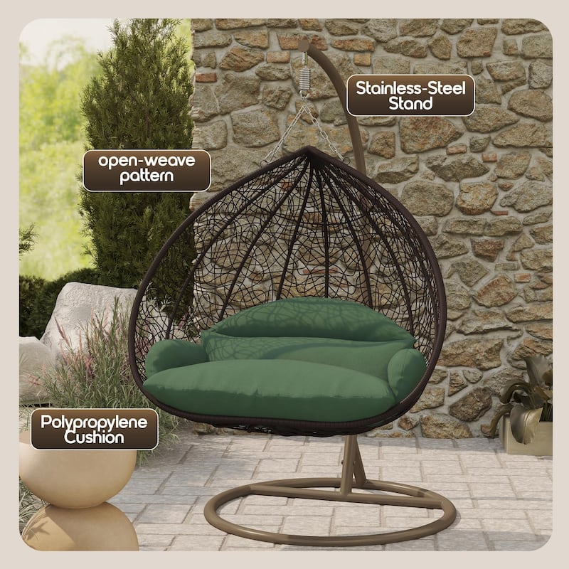 2-Person Egg Swing Chair in Brown Stainless Steel 2-Seater Porch Swing with Stand for Outdoor and Indoor - 77.95" Height