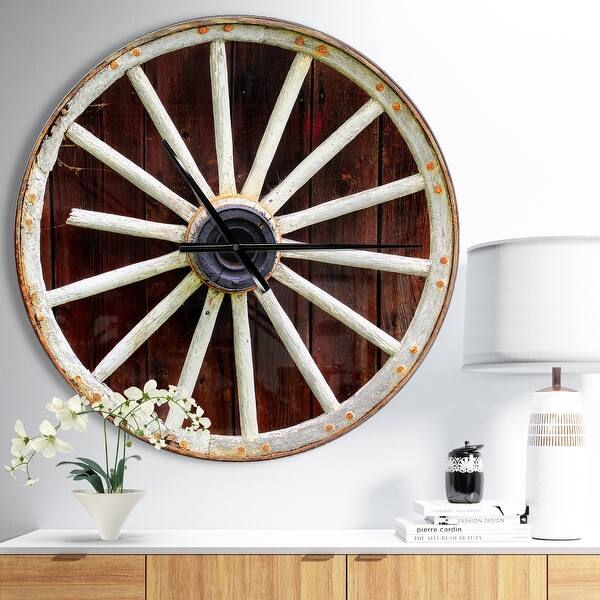 slide 2 of 9, Designart 'Country Wagon Wheel on Wooden Wall Clock' Oversized Farmhouse Wall CLock