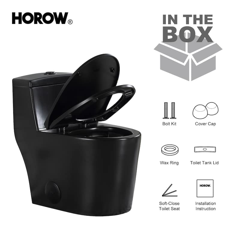 HOROW One-piece 0.8/1.28 GPF Dual Flush Elongated Toilet in Black Seat Included