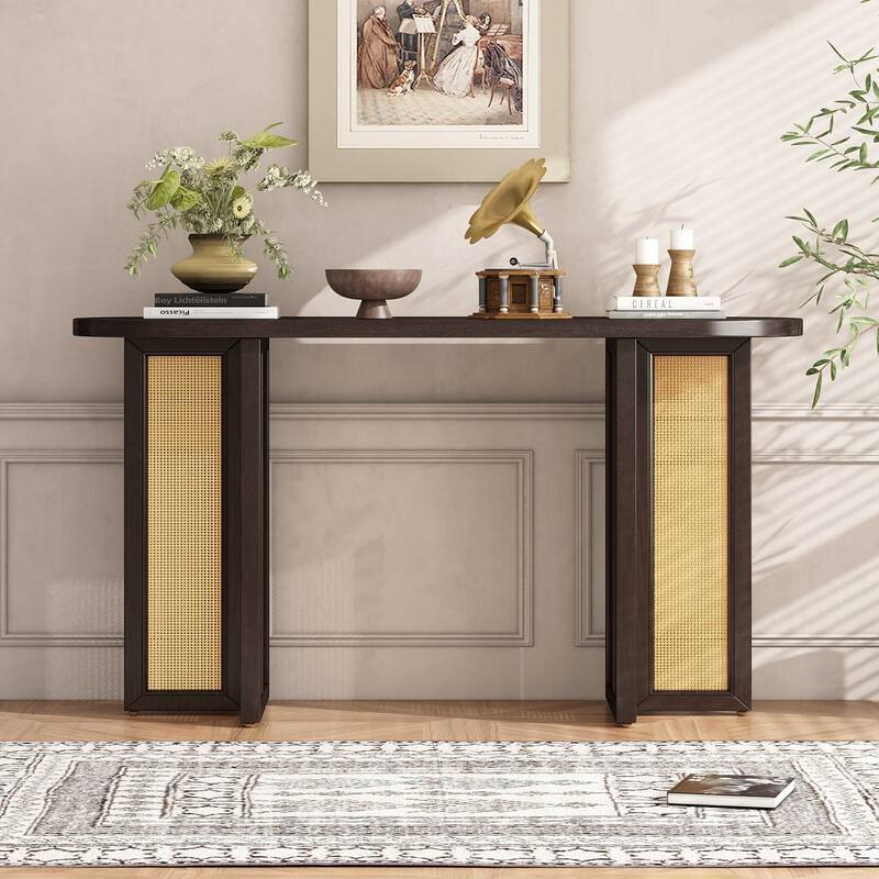Rattan Console Table Entryway Table, Narrow Console Table with Storage, Hallway Table for Living Room, Entrance - Espresso