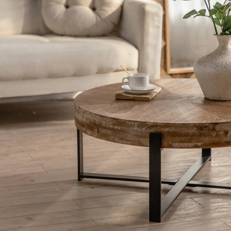 31.29"Modern Retro Splicing Round Coffee Table , Fir Wood Table Top with Cross Legs Metal Base