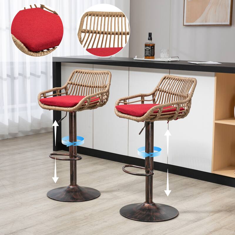 Set of 2 Modern Swivel Bar Stools, Adjustable Counter Height with Footrest for Kitchen & Dining Room - Red