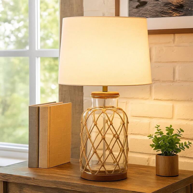 Glass Table Lamp with Jute Wrapped Design, Clear and Brown