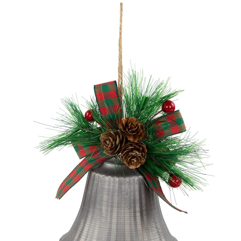 Bells with Pine Sprigs and Plaid Bow Christmas Ornaments - 7" - Silver - Set of 2
