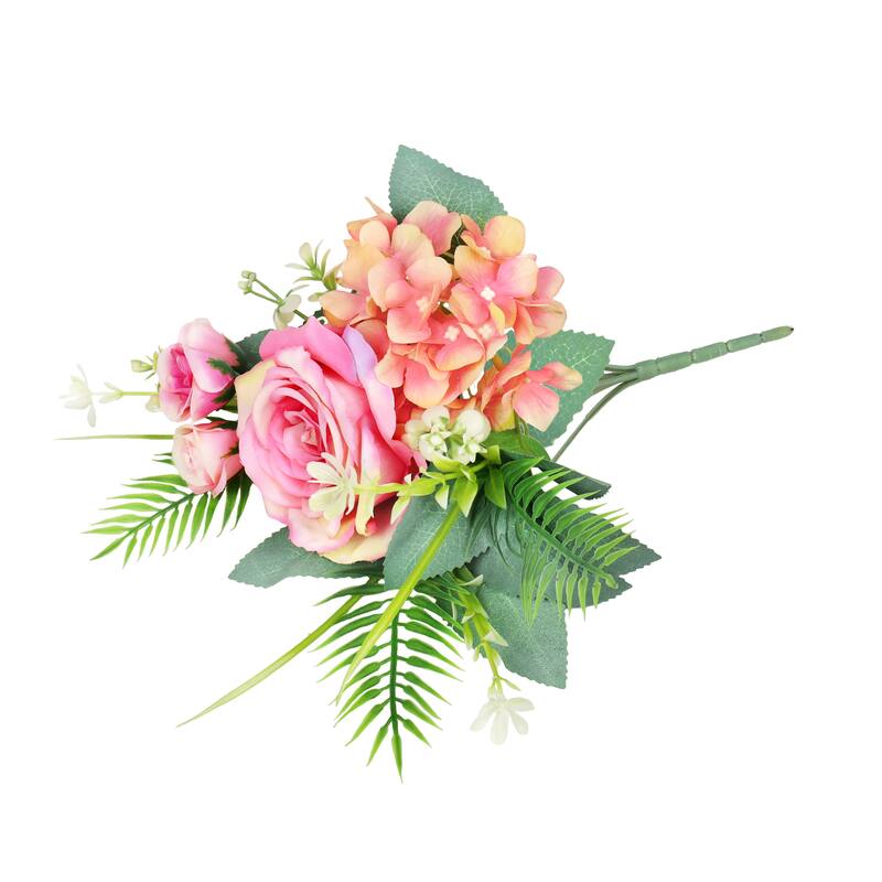 Set of 4 Fuchsia Pink Artificial Delicate Mixed Rose Hydrangea Flower Stem Bush Bouquet 11in - 11" L x 9" W x 6" DP