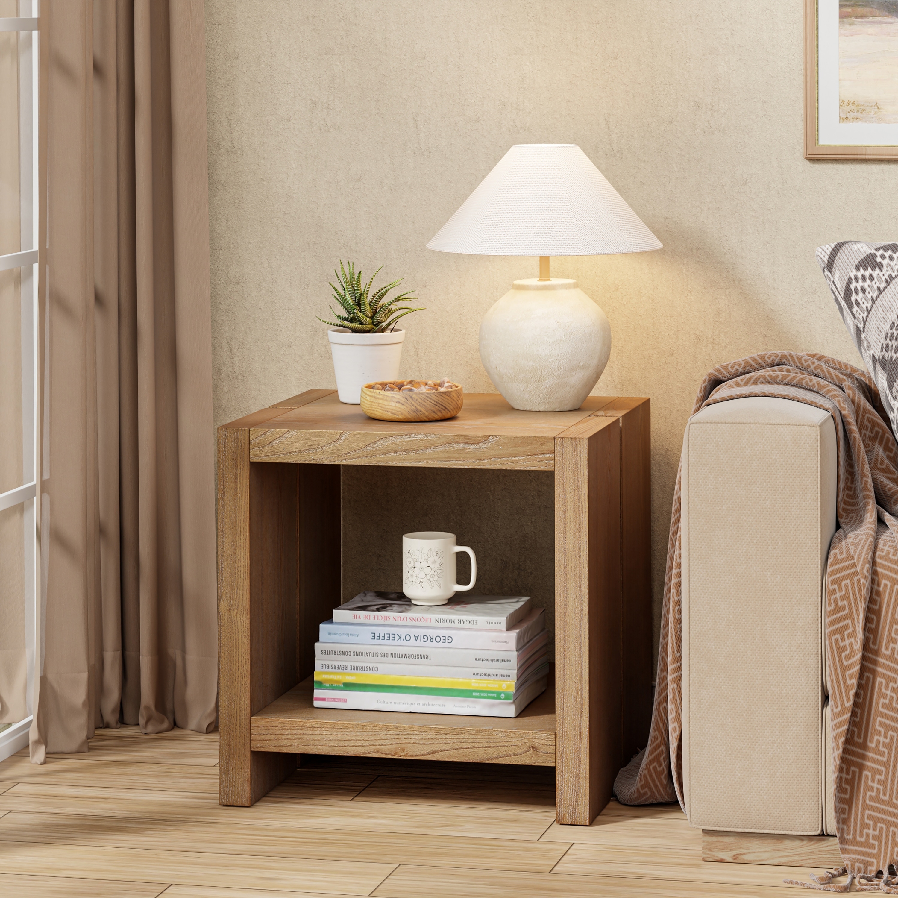 COZAYH Farmhouse 2-Tier Square End Table, Open Shelf Side Table for Small Spaces, Living Room & Bedroom, Beige