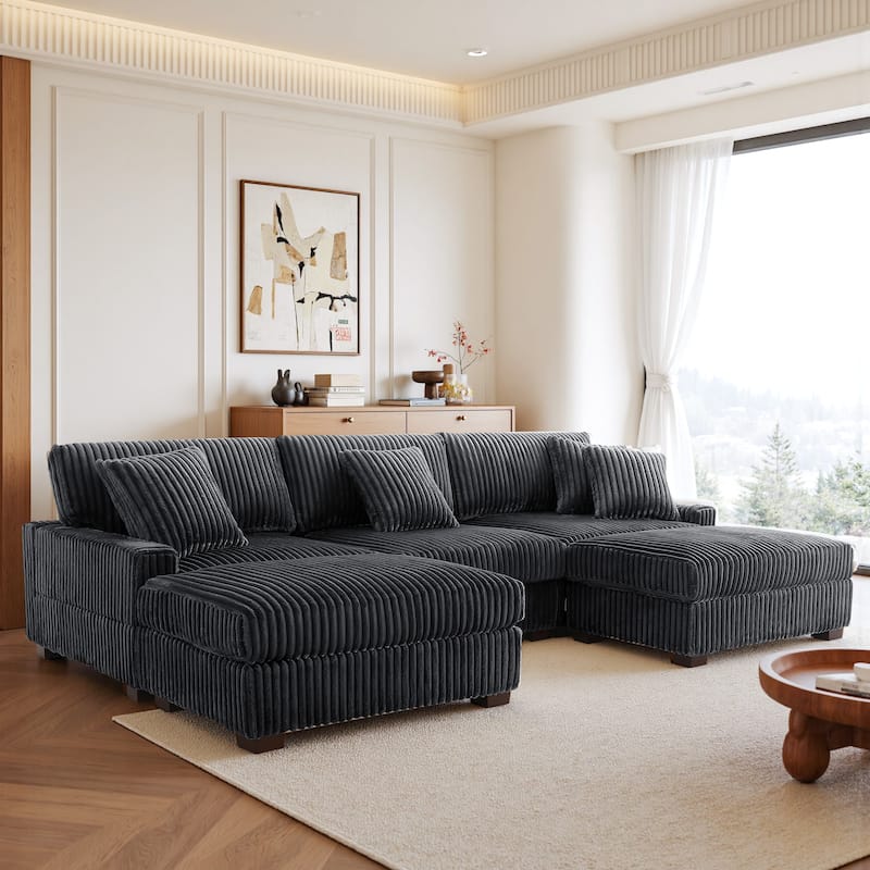 Mia 114" W Oversize Plush Corduroy Modular Sectional Sofa With Ottoman - 114" W