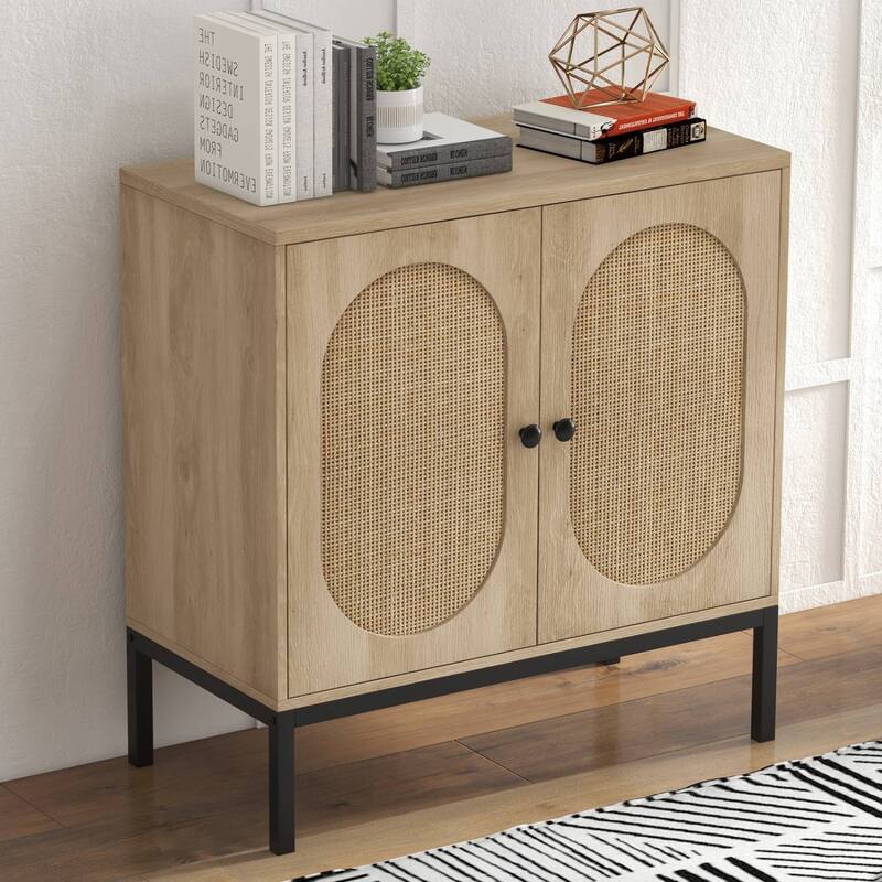 Beige Rattan Storage Cabinet with Doors and Shelves