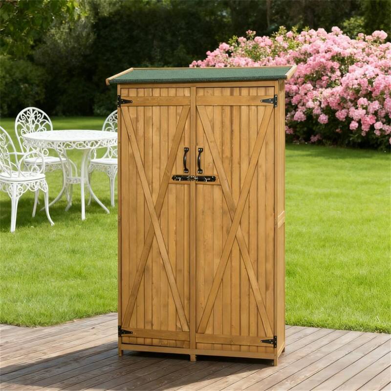 Outdoor Storage Cabinet Wooden Shed with Waterproof Asphalt Rood, Lockable Doors