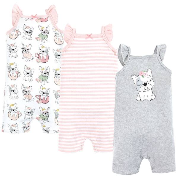 slide 1 of 1, Hudson Baby Infant Girl Cotton Rompers, Girl Whimsical Dog 0 - 3 Months - Grey/Pink