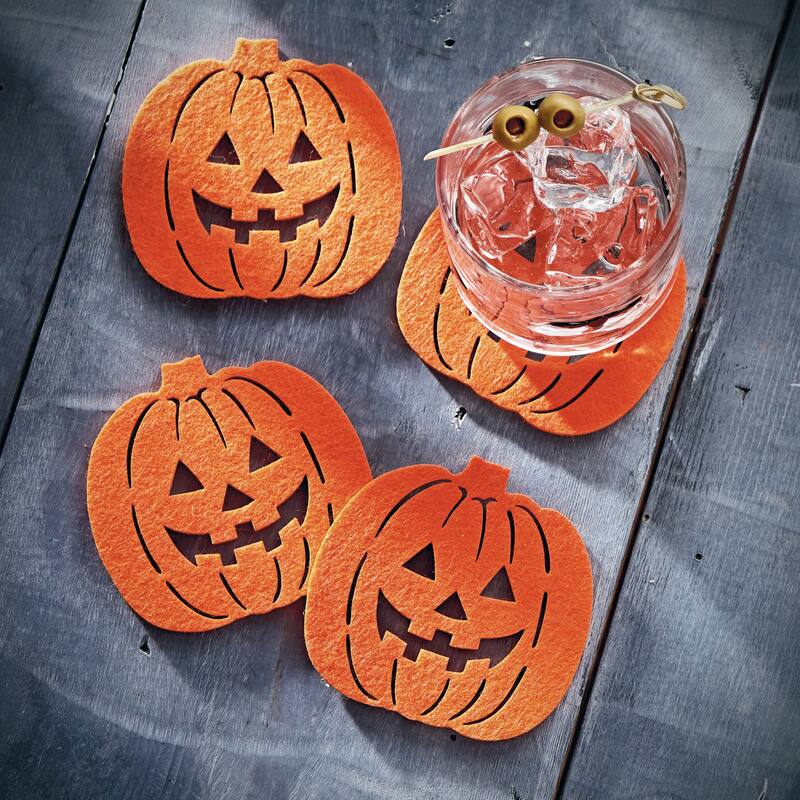 Jack-O-Lantern Coaster Set Halloween Decor Orange Polyester Spot Clean 4x4 Inches Perfect for Bar or Home