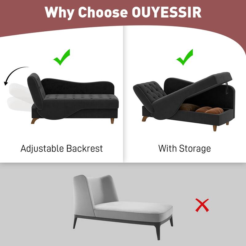 Ouyessir Upholstered Storage Chaise Lounge Chair with Left Armrest & Lumbar Pillow