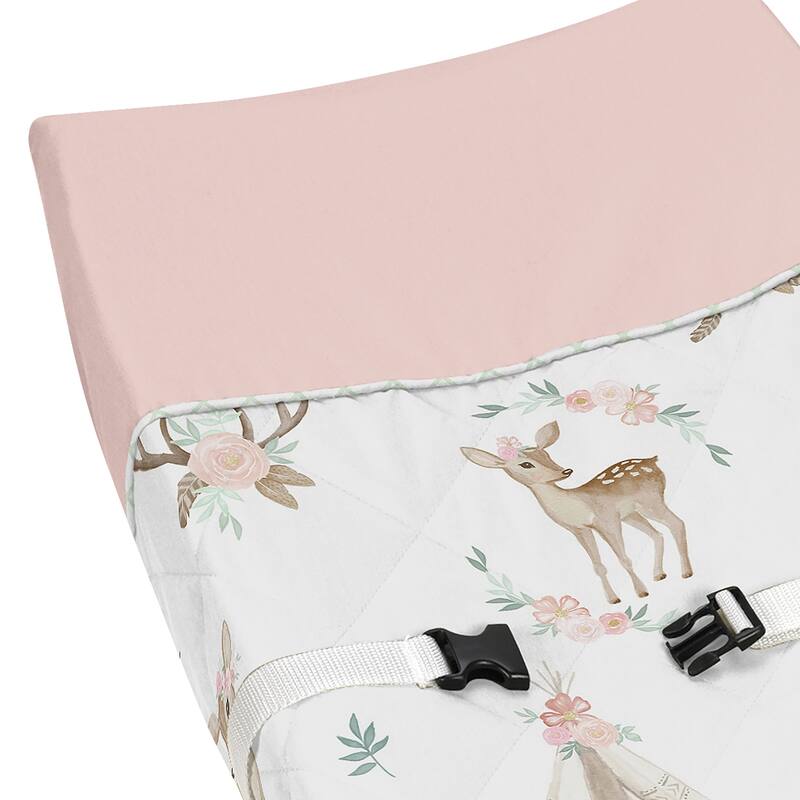 Sweet Jojo Designs Blush Pink, Mint Green and White Boho Woodland Deer Floral Collection Changing Pad Cover