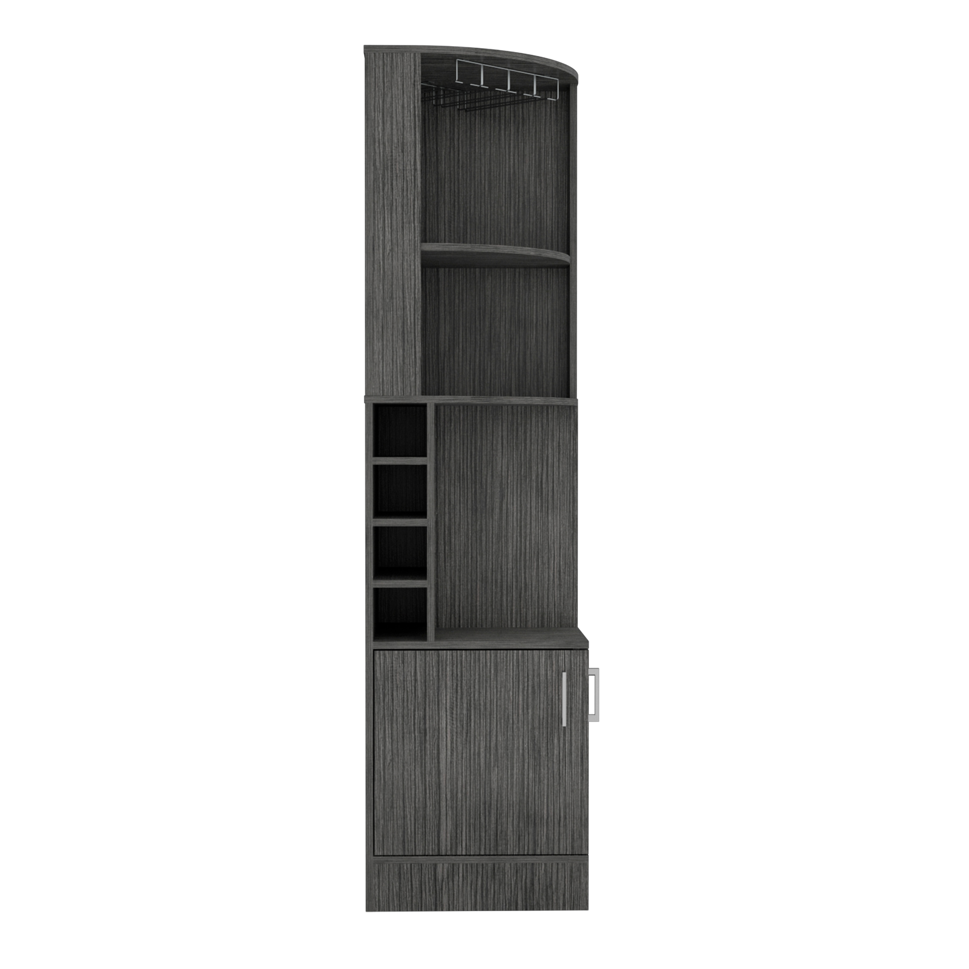 FM Furniture The Seattle Corner Bar Cabinet with 3 Open Shelves, Glass Rack, 8 Bottle Cubbies, and Double Doors