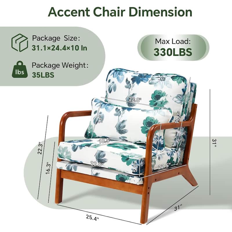 EROMMY Mid Century Modern Accent Chair - Floral Lounge Chair with Solid Rubber Wood Frame, 330lbs Capacity, Green