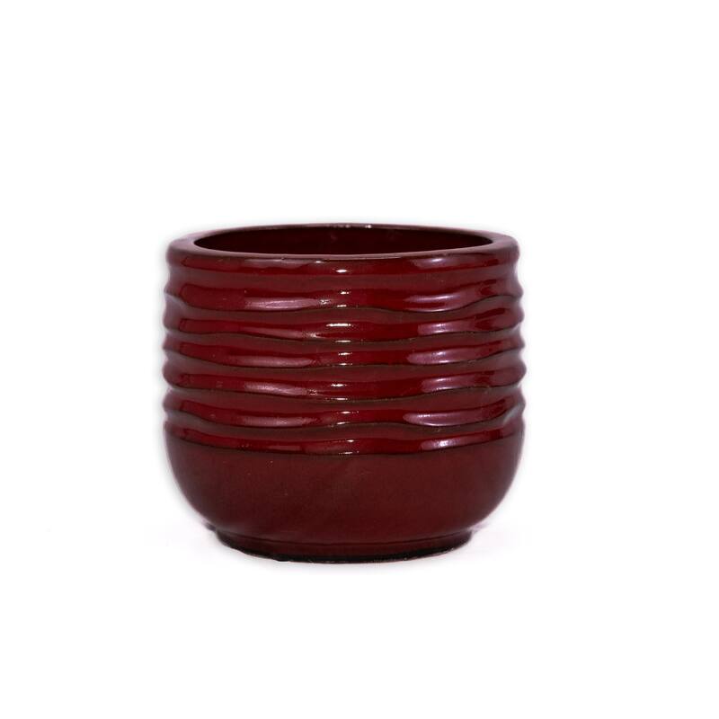 Rustic Red Ceramic Planter Set of 3 - 14.6" Square Striped Plant Pots with Drainage Holes