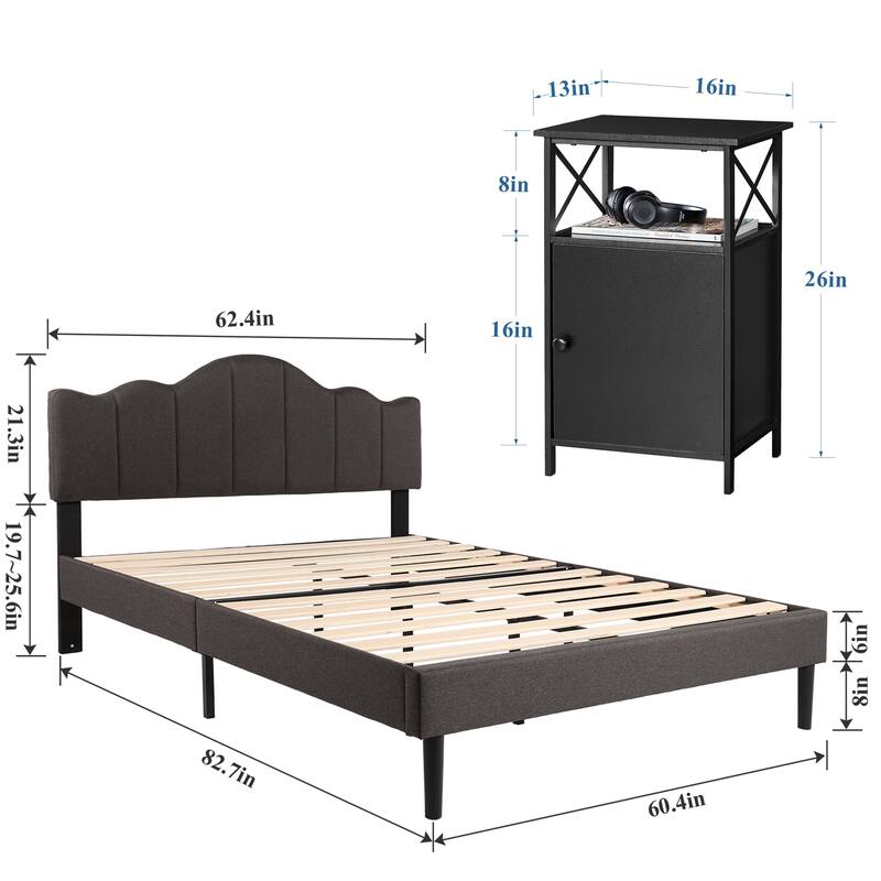 VECELO Modern Bedroom Set of 3 with Height Adjustable Upholstered Bed and Nightstands Set of 2