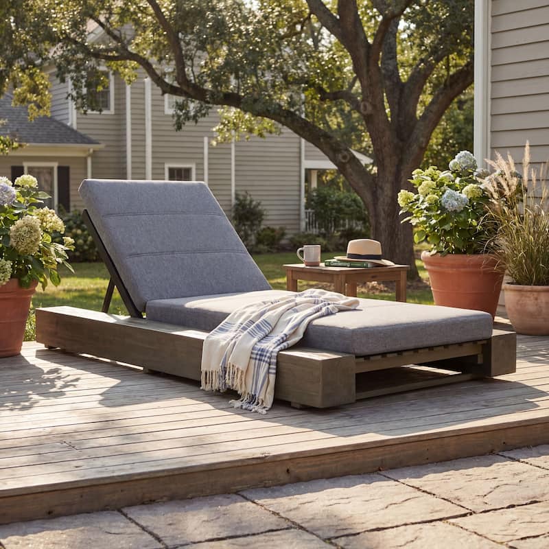 Christopher Knight Home - Amedea Outdoor Acacia Wood Chaise Lounge with Adjustable Backrest & Water-Resistant Cushion - 1-Piece-Grey+Grey Finish