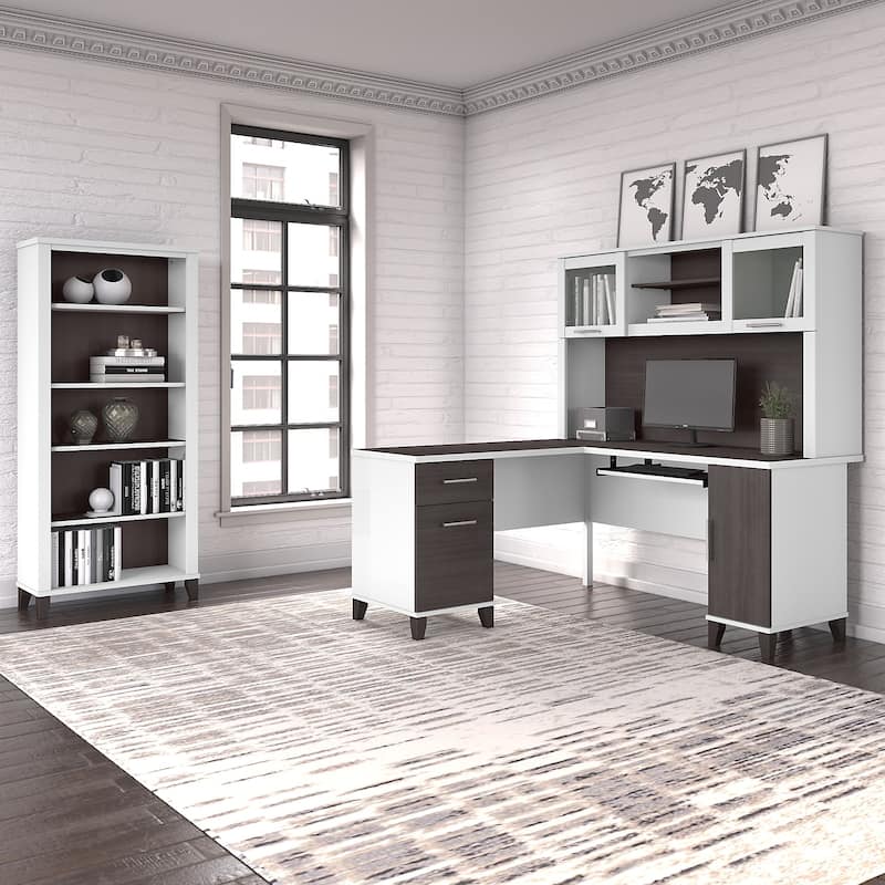 Somerset 60W L Shaped Desk with Hutch and 5 Shelf Bookcase in Ash Gray - Storm Gray/White