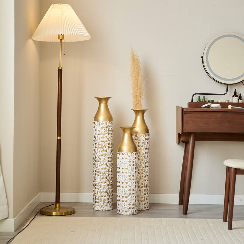 Set of 3 Gilded White 3D Relief Flower Metal Vase