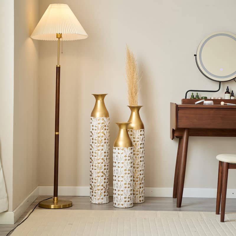 Set of 3 Metal Decorative Vase with 3D Relief Flower for Home Office - 32.68in+29.13in+24.02in