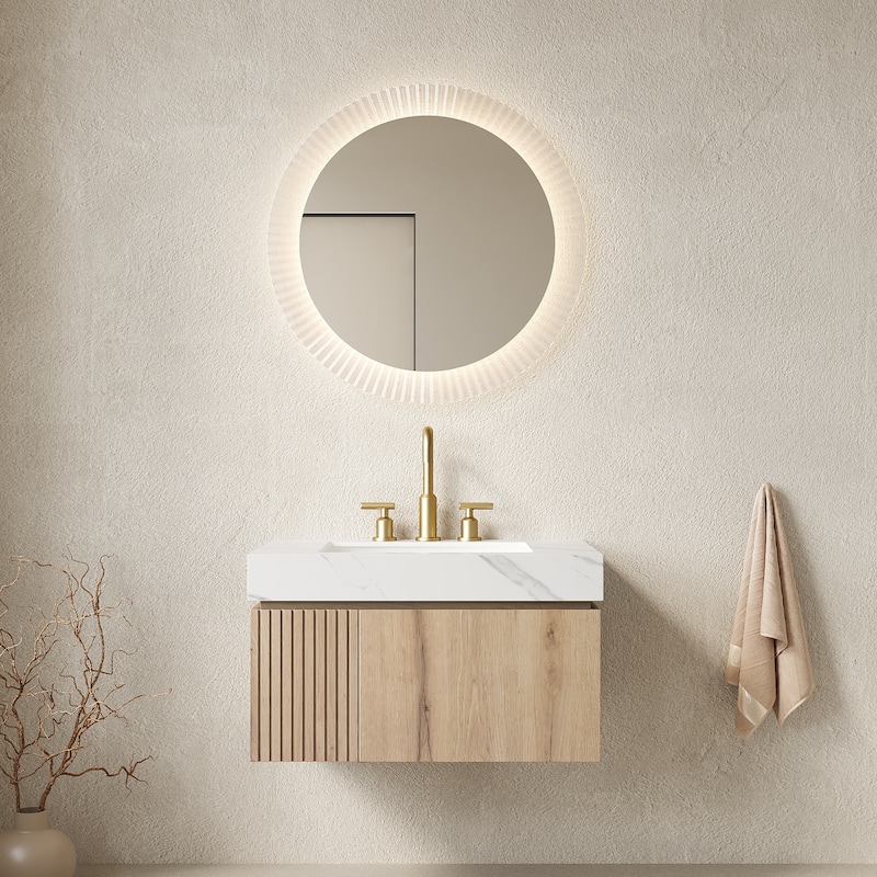 Floating Bathroom Vanity with Sintered Stone Top & Undermount Ceramic Basin with Three Pre-drilled Faucet Holes - 29.92'' x 18.9'' x 17.72'' - White Oak and Carrara White