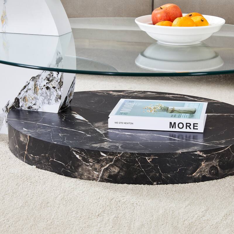 Roomfitters Double Layer Coffee Table with White Marble and Wood Grain Finish, Artistic Modern Design
