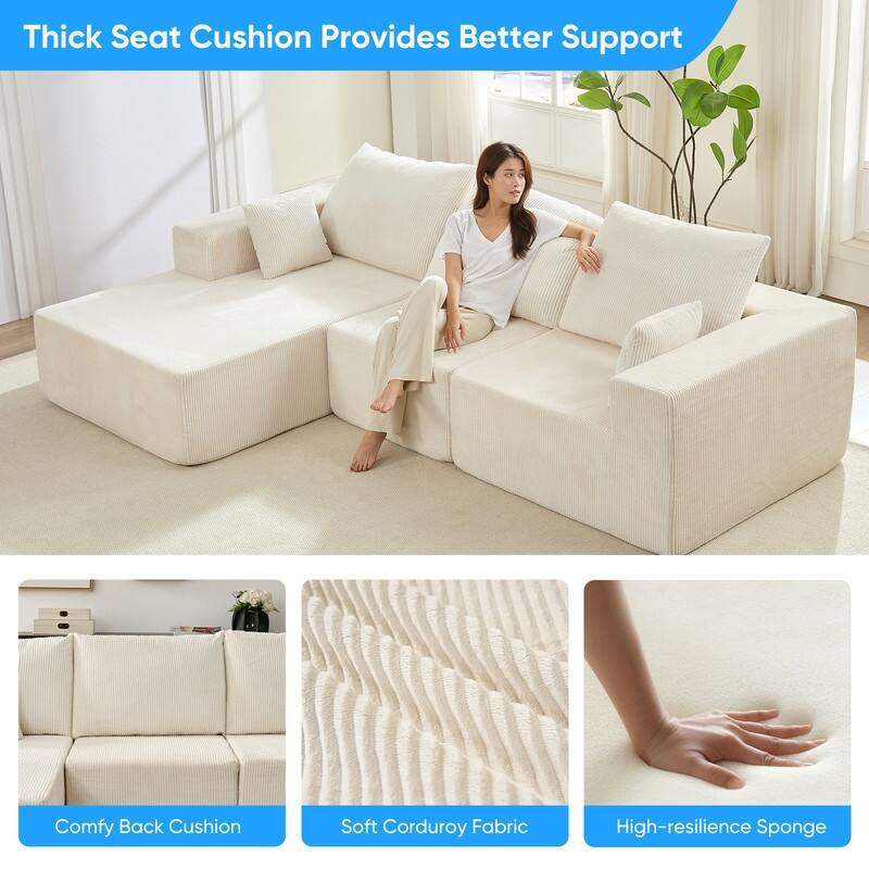 Mixoy W108"Corduroy Fabric Sectional Couch,3-Pieces Free-Combined Cloud Modular Modern L-Shaped Sofa with Chaise Lounge